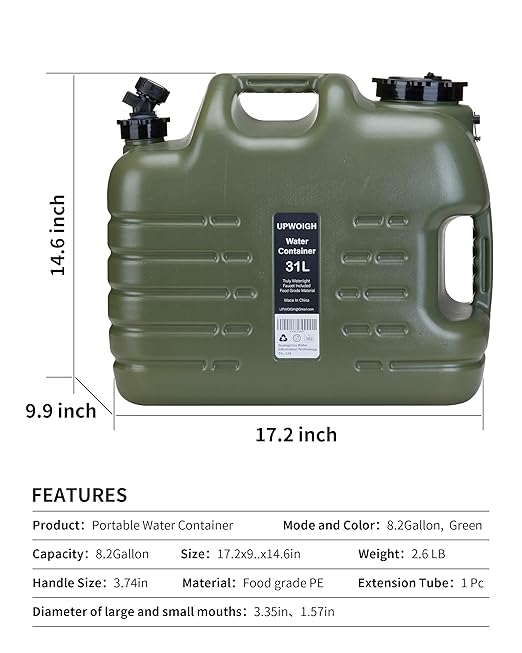 UPWOIGH Camping Water Container, 8.2 Gallon Water Jug(17.2x14.6x9.9 in), Truly No Leakage Water Storage, Big Green Water Tank,BPA Free Portable Emergency Water Storage for Camping, Hiking,Hurricane