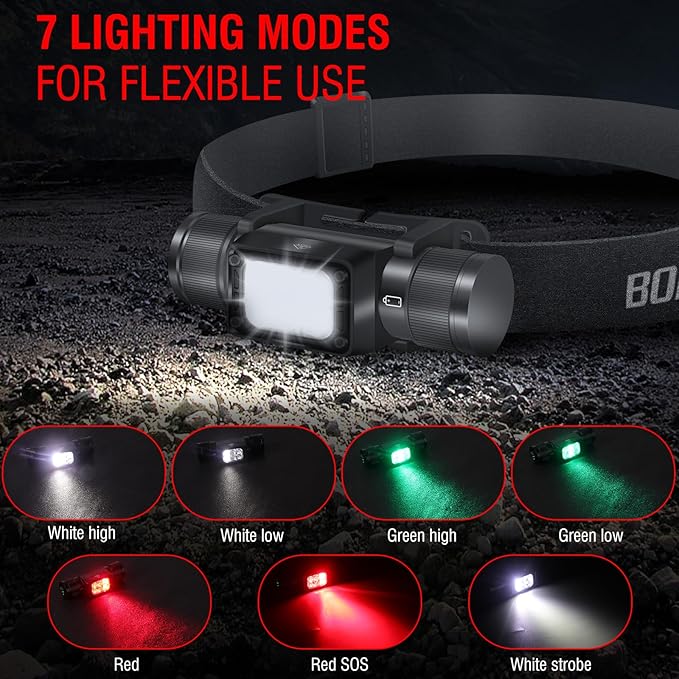 BORUIT HP360 Headlamp Rechargeable (Cob Red and Green) 7 Modes Super Bright Head Lamp,180°Angle Head Lights for Forehead, IP67 Waterproof Headlamps for Adults Outdoor Hunting Hard Hat Camping Hiking