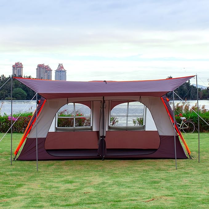 KTT Extra Large Tent 12 Person,Awning Family Cabin Tents,2 Rooms,3 Doors and 3 Windows with Mesh,Straight Wall,Waterproof,Double Layer,Big Tent for Outdoor,Picnic,Camping,Family Gathering
