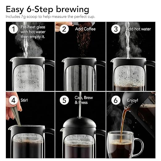 OVENTE French Press Coffee Maker 34 Ounce with Heat Resistant Borosilicate Glass & Stainless Steel 4-Level Filtration System, Portable Cold Brew Coffee Maker for Travel, Camping or Gift, Black FPB34B