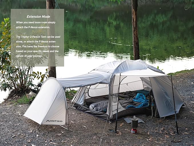 Triphyr Backpacking Tent with F-Nexus Extension 2-Person Combo, Attachable Extension Shelter, Lightweight 2 Person Tent for Backpacking Camping Hiking & Biking