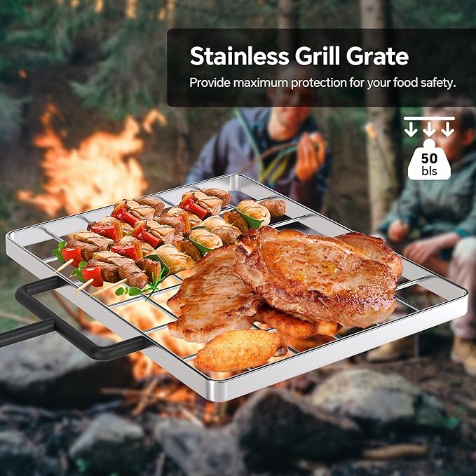 Mr IRONSTONE Campfire Grill Grate: Fire Pit Grill Grate with Swivel Handle, Campfire Cooking Equipment with Heavy Duty Steel, Over Fire Camp Grill For Outdoor Barbecue Camping and Cooking, Black