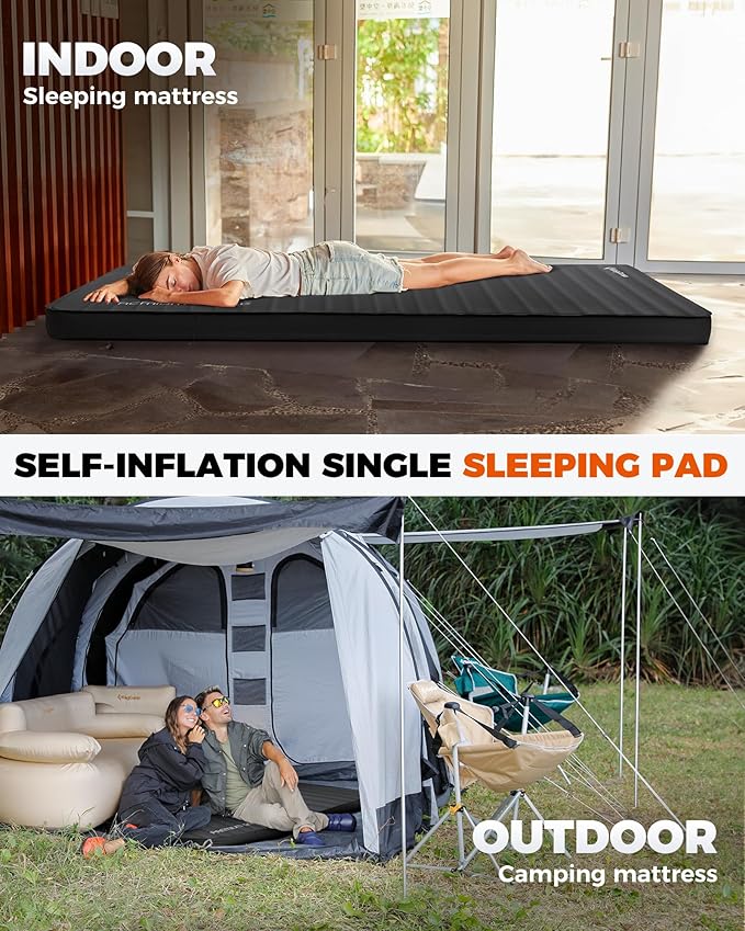 KingCamp Self Inflating Sleeping Pad, R 7.9 Air & Foam Sleeping Pad for Camping All Seasons, 3" Thick Single Camping Mattress for Camp Tent Outdoor Car, PVC Free (Black)
