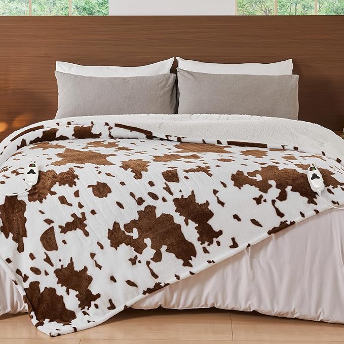 Cow Print Electric Heated Blanket King Size,90X100 Brown Heating Blanket King With Dual Control&Timer&10 Heat Levels,Highland Cow Decor Fleece Sherpa Blankets Warmer Gifts for Bed Women Adults,ETL