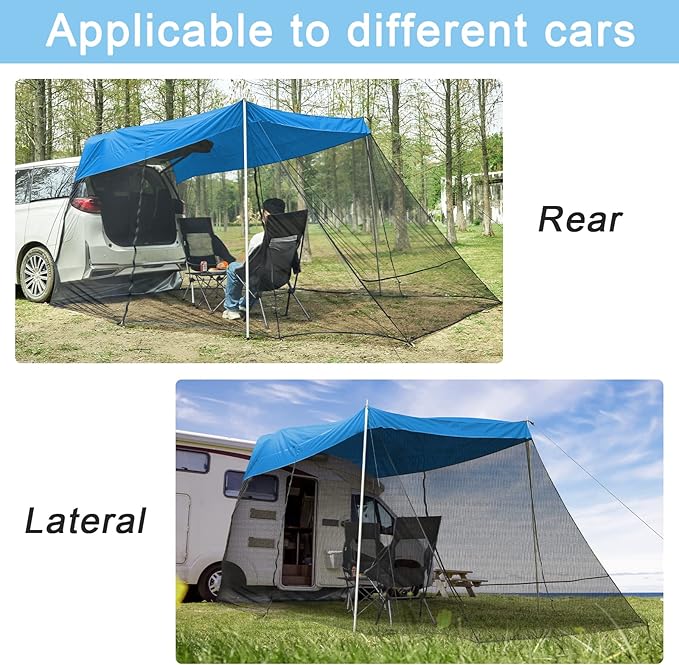 G4Free Car Awning Sun Shelter with Mosquito Net, Portable SUV Tent Tailgate Shade Car Canopy for Outdoor Camping Travel (Blue)
