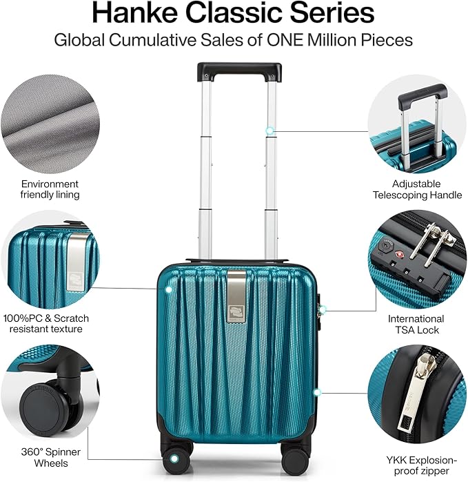 Hanke 14 Inch Underseat Carry On Luggage with Wheels Hard Shell Suitcases Carry On Bag Lightweight Small Mini Suitcase Tsa Luggage for Travel. Caribbean Blue.