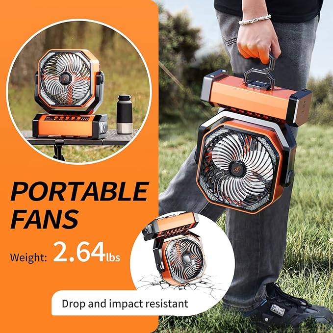 Camping LED Fan with Light, 20000mAh Rechargeable Battery Powered Outdoor Tent Fan with Light and Hook, 4 Speed, Personal USB Desk Fan for Camping, Fishing, Power Outage,Hurricane, Worksite