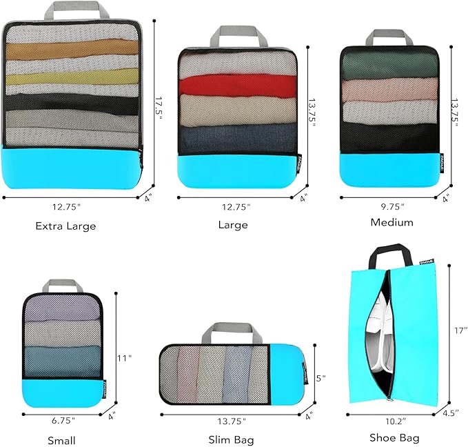 BAGAIL 4 Set/6 Set/8 Set Compression Packing Cubes Travel Accessories Expandable Packing Organizers (Half Mesh, 6-Blue)