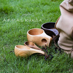 Kuksa Camping Mug Wooden Bushcraft Handcarved Cup, Nordic Style Coffee & Hiking Kuksa, Walnut Wood, Single Hole, 6.7 oz., 6.3" x 3.8" x 2.4"