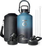Trebo One Gallon Water Bottle Insulated with Paracord Handle,128oz Large Stainless Steel Water Jug,Vacuum Double Wall Insulated 24hr Cold Retention,Leakproof Flask with 3 Lids,Indigo Black