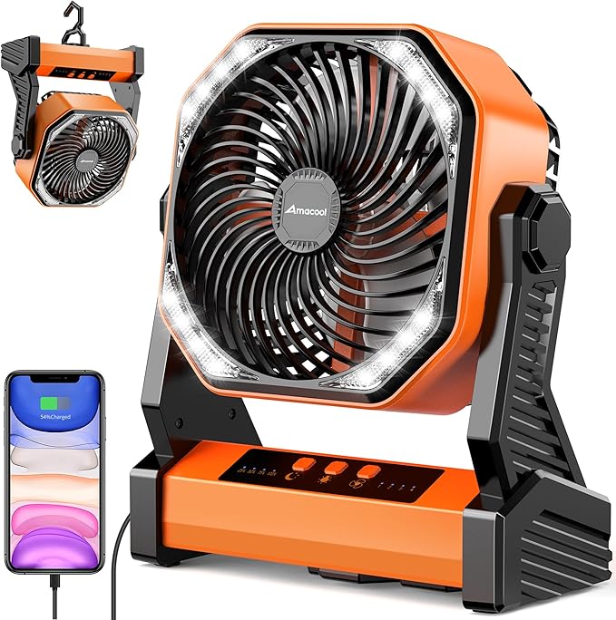 Portable Battery Operated Fan, 20000mAh Rechargeable Camping Fan, 58H Cooling, Tilt Head, 4 Speed Floor Fan with LED Light and Hook for Tent Car Travel Jobsite Fishing Outdoor Hurricane Power Outage
