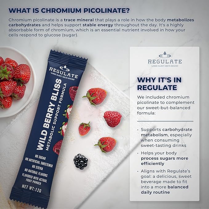 Regulate – Wild Berry Bliss Electrolyte Drink Mix | 30 Sticks | with Chromium & Electrolytes | Sweetened with Allulose & Monk Fruit | No Sugar, No Stevia | Vegan, Gluten-Free