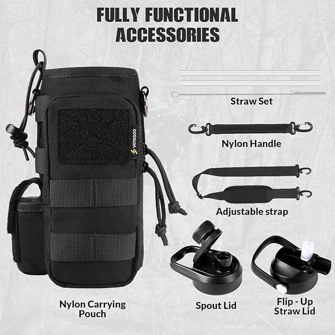 32 Oz Insulated Water Bottle - Stainless Steel Tactical Flask With Straw Lid & Chug Cap, Metal Military Water Bottle With Rugged, Removable Sleeve Can Place Items for Hiking Camping Hunting