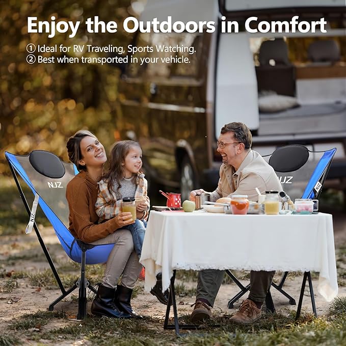 High Back Camping Chairs for Adults - 600 LBS Capacity Stable Outdoor Folding Chair with Comfortable Backrest & Headrest, Quick Setup - Portable Chair for Road Trip, Sports, Car Camping - Blue