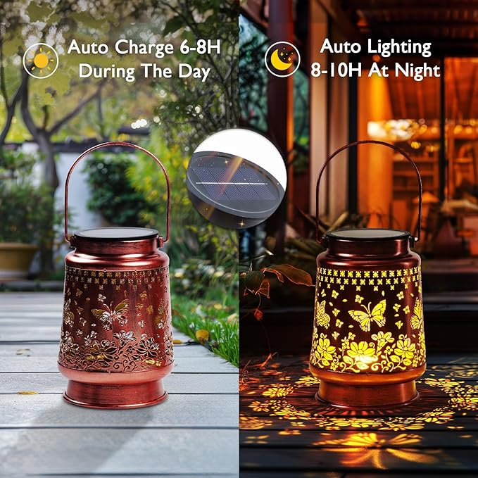 Homemory Solar Lanterns Butterfly Lights Outdoor Waterproof Garden Decor Women Gifts for Birthday, LED Hanging Solar Lights Metal Lantern Decoration Outside for Yard, Patio, Backyard, Porch, Lawn