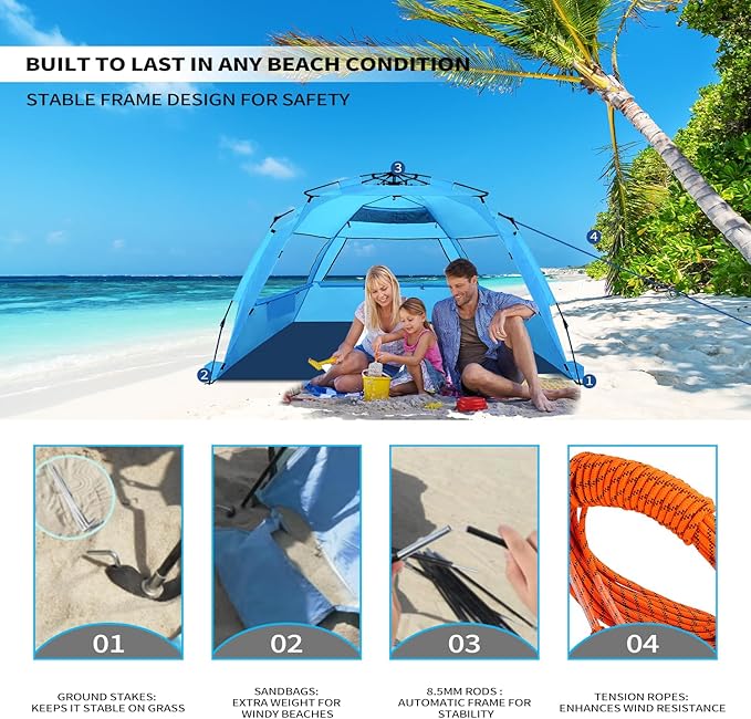 Beach Tent for 3-4 People, Pop-Up Beach Tent Automatic Setup, UV Protection, Extendable Floor, Ventilating Windows, Portable Outdoor Sun Shelter, Blue