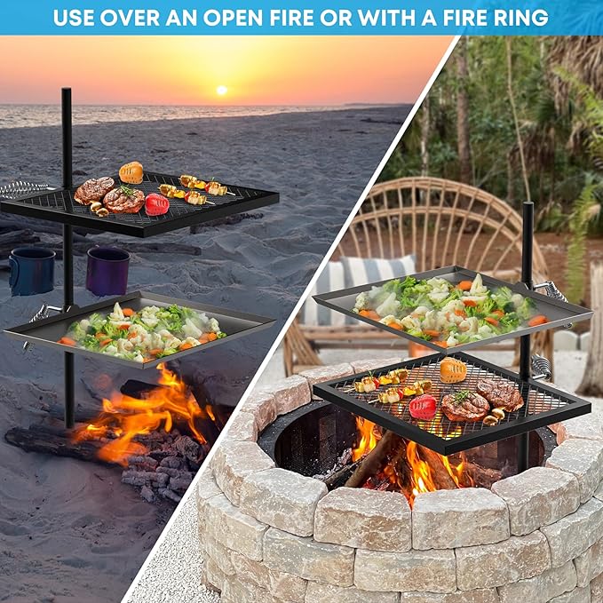 Stanbroil Adjustable Swivel Grill - Steel Mesh Cooking Grate with Spike Pole and Griddle Plate for Outdoor Open Flame Cooking - Dual Campfire Steel Cooking Grill Grate Swivel System