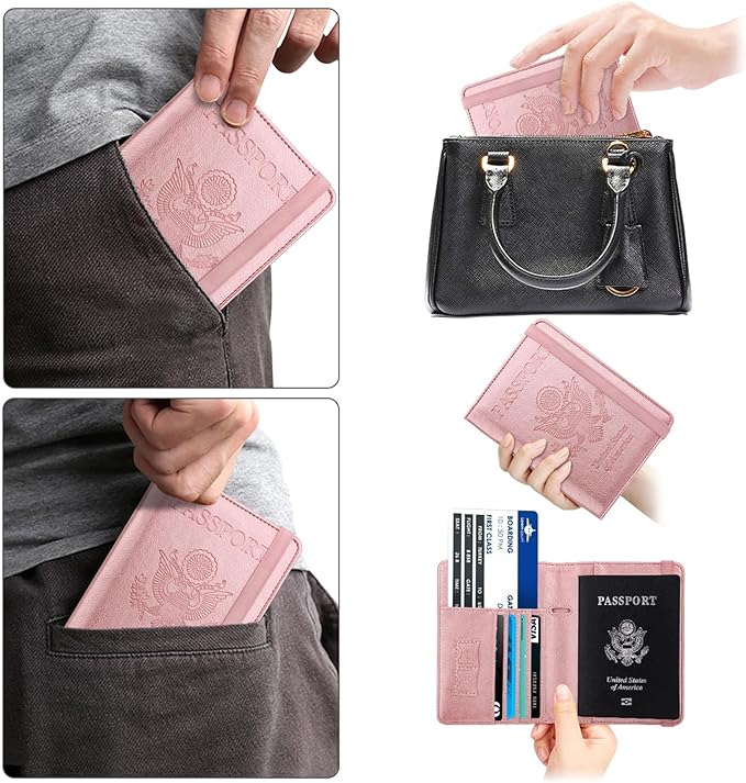 WALNEW Passport Holder for Travel, RFID Passport Cover Wallet for Women Men, PU Leather Passport Book Card Holder Case with Pen (Elastic Band Closure, A-Rosegold)