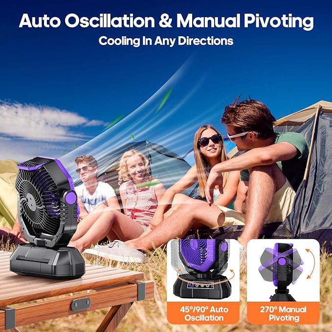 AJVV Camping Fan Rechargeable, Battery Powered Fan With Remote Controller, LED Light, Dual Motors, Stepless Speed, 45°/90°/270° Swing,Timer, Portable fan For Travel/Tent/Beach/Fishing,Violet