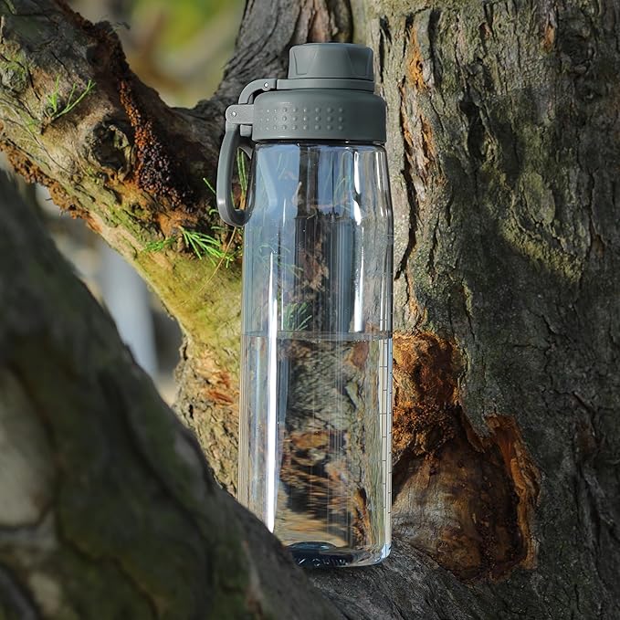 Water Bottle 32oz, clear water bottle with Spout Lid and Carry Handle, Reusable, Tritan, BPA Free, Hiking Water Bottle Suitable for Travel, Outdoors, Gym, Travel, Home, School (Gray)