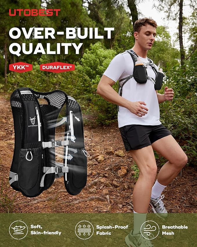 UTOBEST Running Vest, 5L Hydration Vest Lightweight, Breathable and Sweatproof Running Backpack, Adjustable Running Hydration Vest for Trail Running Marathon Race Jogging Cycling