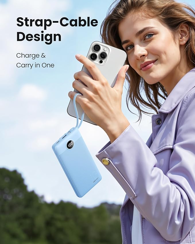 10000mAh Portable Charger, Slim Power Bank with Built-in Cables, Battery Pack 5 Outputs 2 Inputs LED Display Compatible with iPhone/Android & More (Blue)