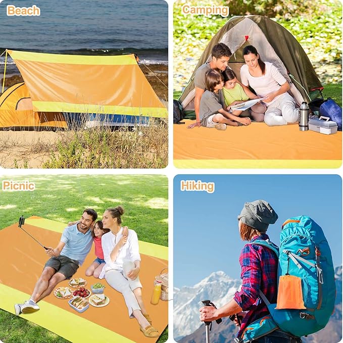 Beach Blanket Sandproof Waterproof, Large Beach Mat Lightweight Portable Quick Drying for Picnic Camping Hiking Travel Beach Accessories (1, Bigorangeyellow, 118"x110")