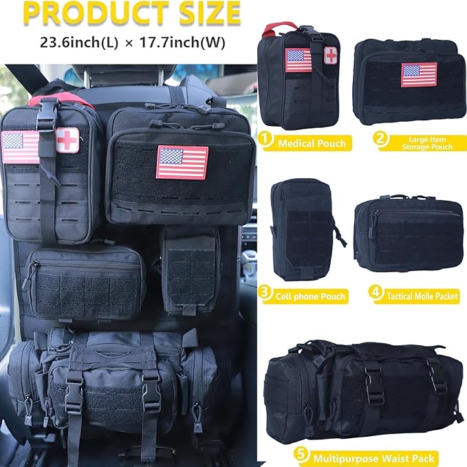 Universal Tactical Car Seat Back Organizer Bag Tactical Molle Vehicle Organizers Panel Vehicle Protector Organizers with 5 Detachable Pouches for Car Truck Ford Jeep (Upgraded D model Black)
