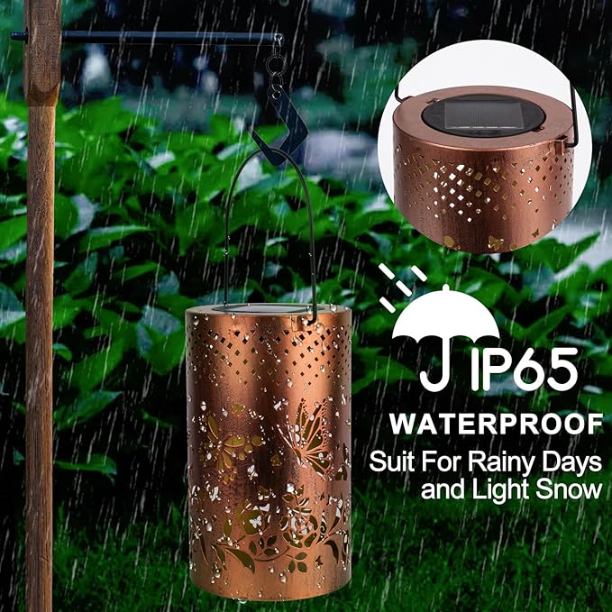 Boho Solar Lanterns Outdoor 2 Pack - Birthday Gifts for Women Mom Grandma Metal Hanging Solar Powered Unique Garden Decorative LED Lights for Outside Yard Patio Lawn Porch Decor(Butterfly)