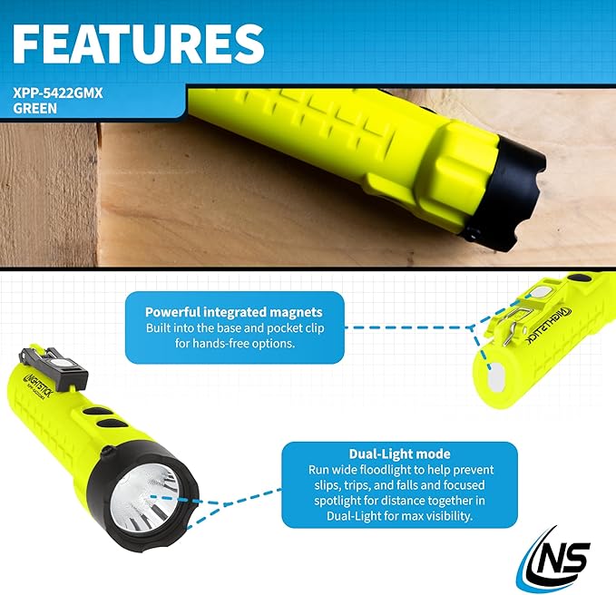 Nightstick XPP-5422GMX X-Series Intrinsically Safe Dual-Light Flashlight with Dual Magnets, Green/Black