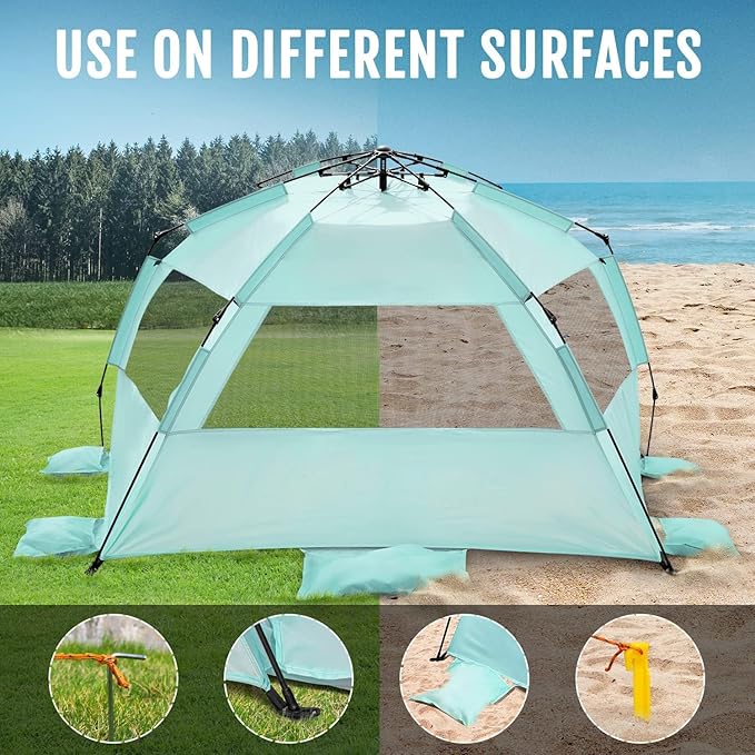 WhiteFang Deluxe Pop Up Beach Tent Sun Shade Shelter for 3-4/5-6 Person, UV Protection, Extendable Floor with 3 Ventilating Windows Plus Carrying Bag, Stakes, and Guy Lines