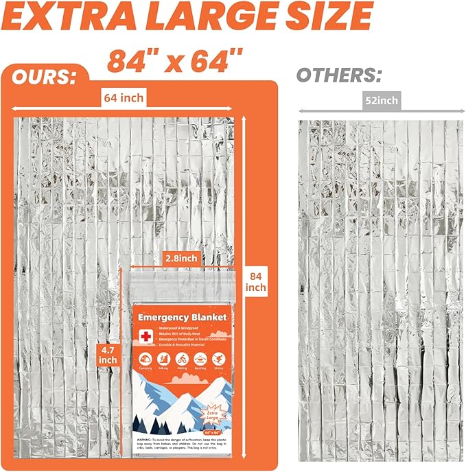 6 Pack Emergency Thermal Blanket Survival, 84” x 64” Extra Large Mylar Blankets for Outdoor, Space Blanket, Silver Foil for Survival, Survival Kit Camping Blankets, Body Warmer, Hiking