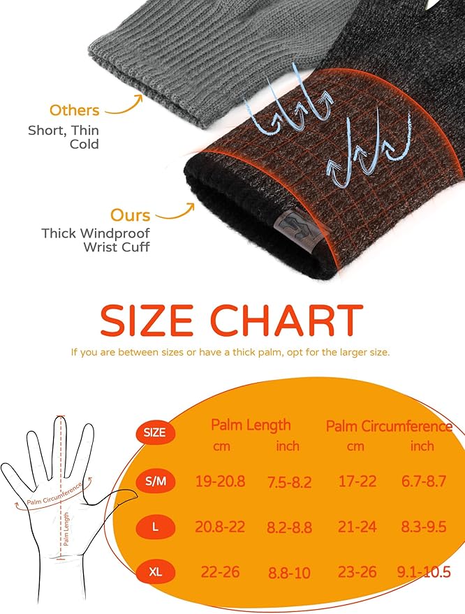 Merino Wool Gloves, Touch Screen Liner Base Layer Warm Gloves with Thermal Soft Knit Lining for Driving Running Hiking L (Black Gray)