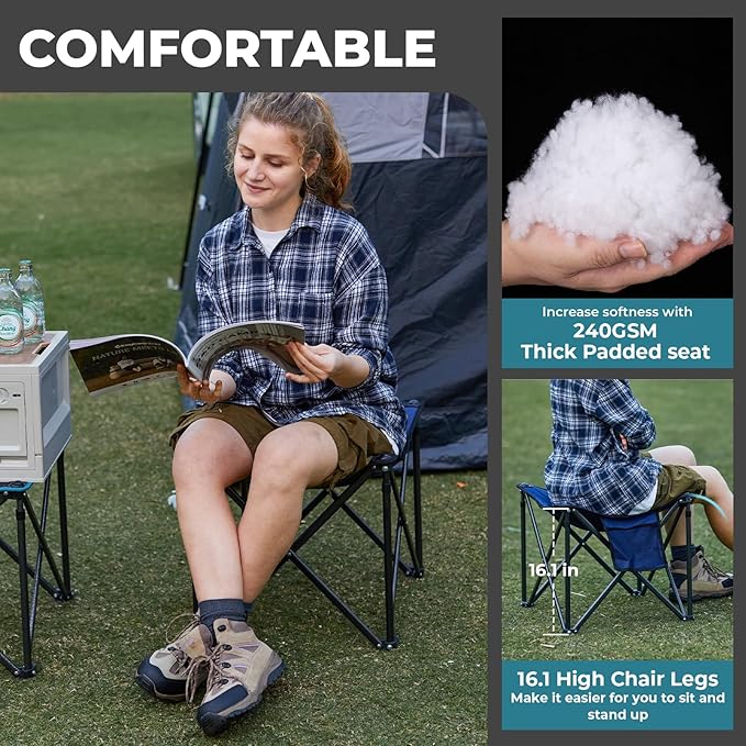 FUNDANGO Folding Camping Stool, 18.1 Inch Oversized Foot Rest 440 Lbs Heavy Duty Portable Padded Stools Seat Anti-Slip Foots & Carry Strap for Fishing Outdoor Lawn Travel (Black)