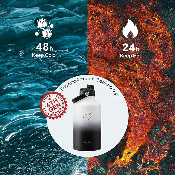 BUZIO 64oz Insulated Water Bottle with Straw Lid and Flex Cap, Stainless Steel Powder-Coat Water Flask, Keep Beverage Cold for 48 Hrs Hot for 24 Hrs Simple Thermo Canteen Mug, White and Black