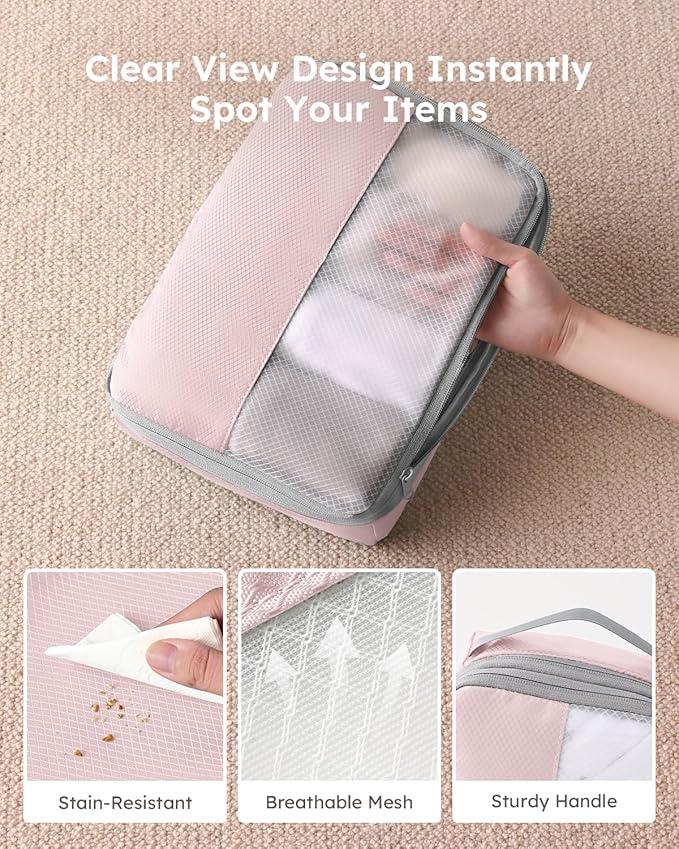 4 Set Compression Packing Cubes for Travel, Bonus Versatile Drawstring Backpack, Lightweight Luggage Organizer Bags, Sturdy Travel Accessories for Suitcase, Pink
