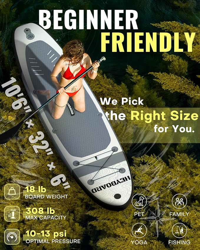 HEYBOARD Inflatable Stand Up Paddle Board 10'6"×32"×6" Standup Paddleboard with Premium SUP Accessories & Backpack, Non-Slip Deck, Waterproof Bag, Leash, Paddle, Hand Pump