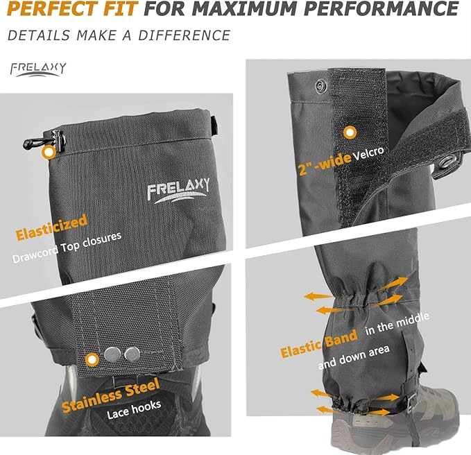 Frelaxy Leg Gaiters Ultra HIGH-Performance Hunting Gaiters, 100% Waterproof Hiking Gaiters with Upgraded Rubber Foot Strap, Adjustable Snow Boot Gaiters