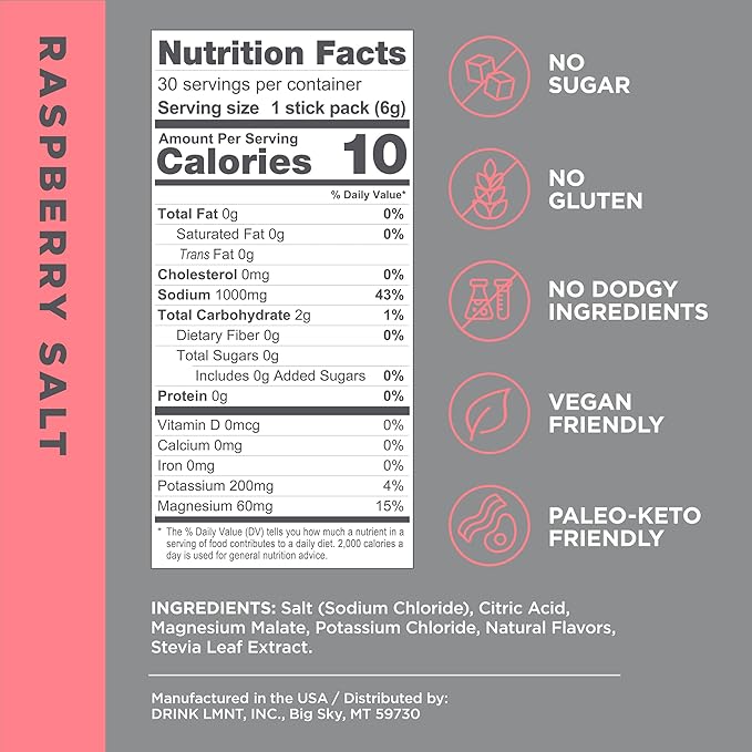 Drink LMNT Zero Sugar Electrolytes - Raspberry Salt | Drink Mix | 30-Count