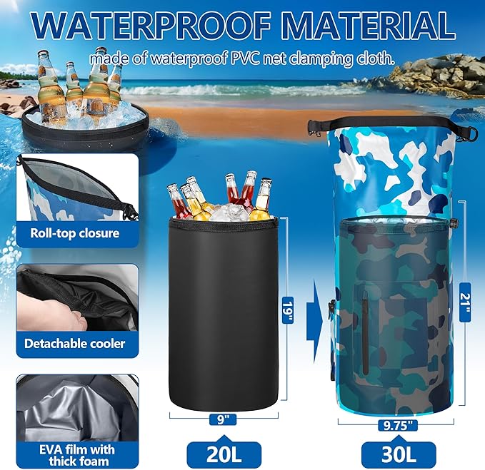30L Waterproof Dry Bag with 20L Detachable Cooler, Dry Bag Cooler Backpack with Phone Pocket and Bottle Pouch, Suitable for Kayaking, Boating, Camping and Water Activities