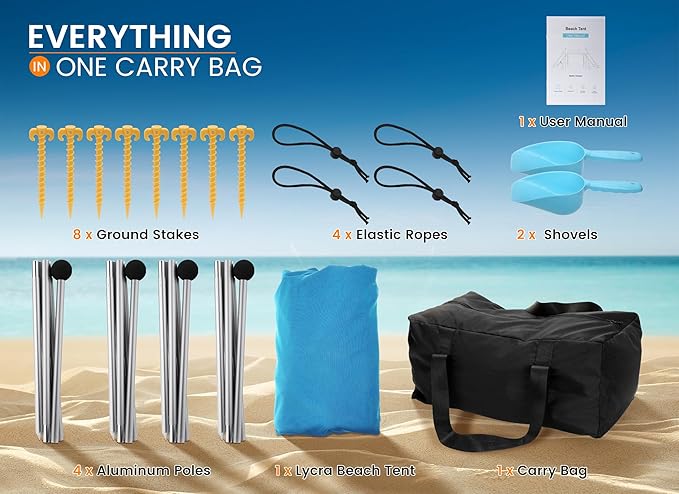 Beach Tent Sun Shelter, Portable Sun Canopy UPF50+ Outdoor Shade with 4 Stability Poles and 8 Sandbags, 10 x 10ft, Sand Shovel, Ground Pegs and Carry Bag for Beach, Camping, Fishing, Picnics