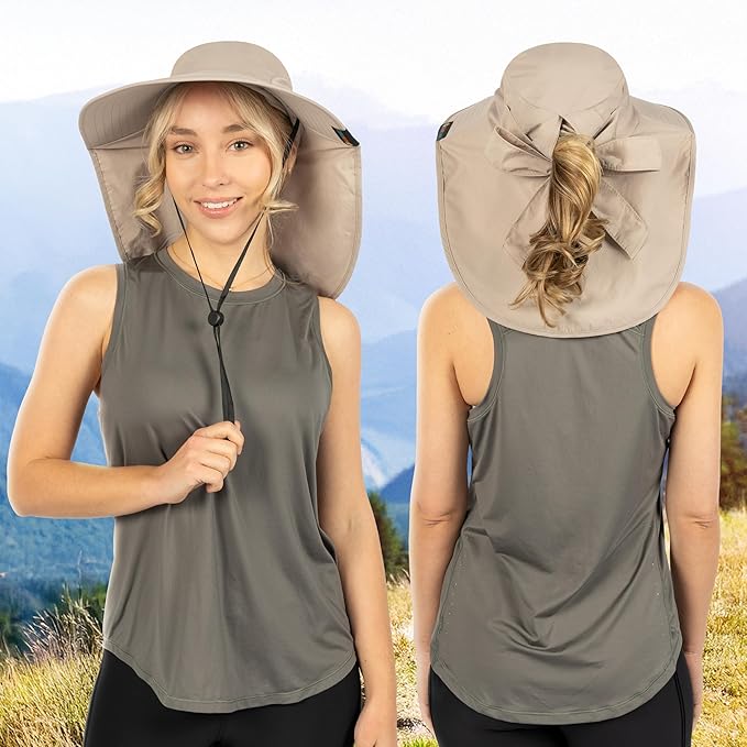 SUN CUBE Wide Brim Sun Hat with Neck Flap, UPF50+ Hiking Safari Fishing Hat for Men Women, Sun Protection Beach Hat