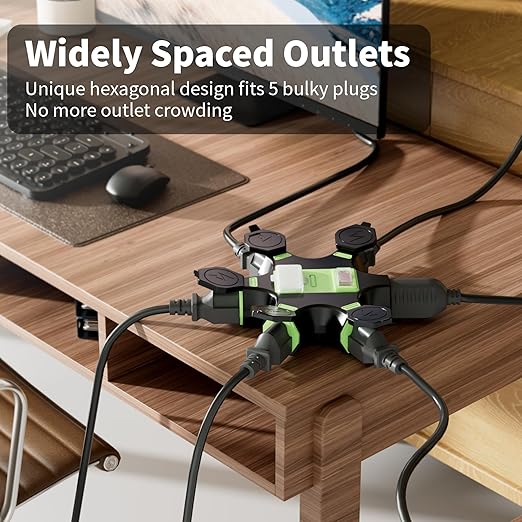 HiFind Outdoor 5-Outlet Extender Splitter Power Hub Plug Multi Outlet Tap with 2 USB-A Ports & Safety Covers, Heavy Duty Power Adapter with Circuit Breaker Indicator for Holiday Lights-ETL