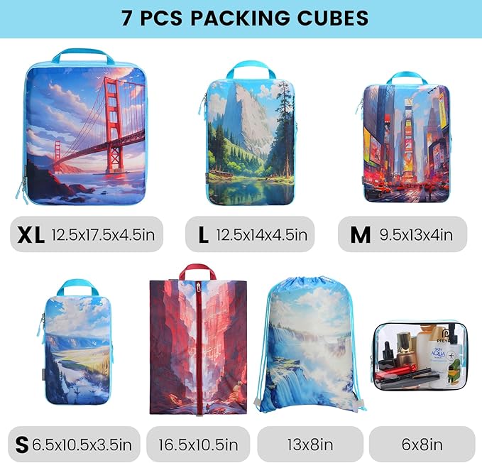 Lightweight Compression Packing Cubes for Suitcases, Compressible Expandable Travel Packing Organizer with Clear Toiletries and Backpack Bag, Travel Essentials for Carry on Luggage 7 Set