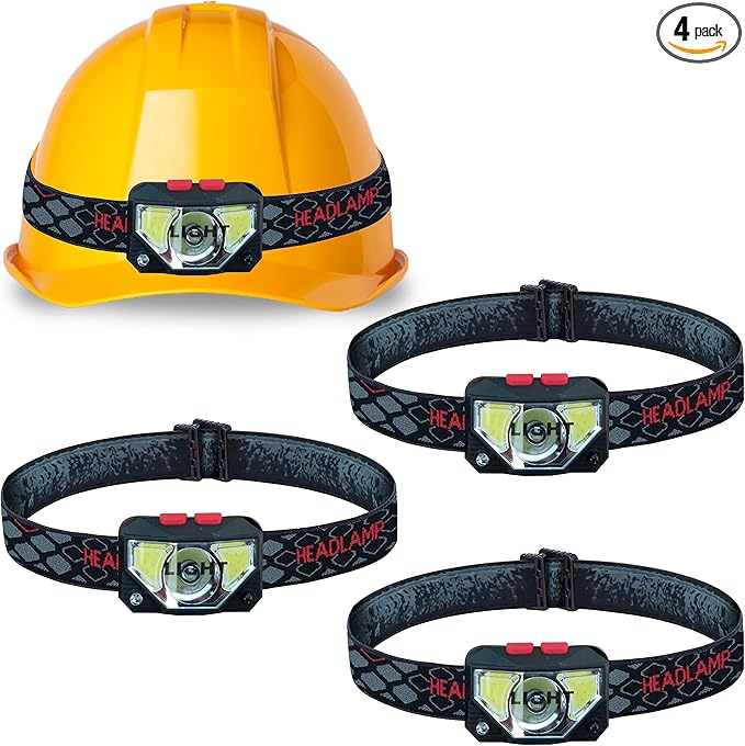 Skywin Hard Hat Light, Headlamp Rechargeable, 4 Pack Lightweight USB, XPG+COB 3 LED 200 Lumen Camping Helmet Light for Adults with Red Light IP44 Waterproof