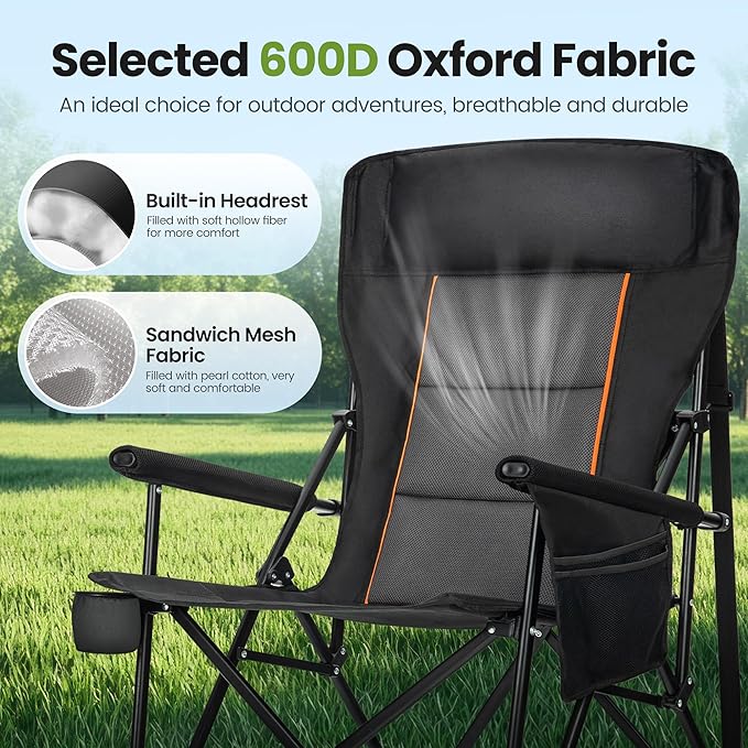 HIGH POINT SPORTS Oversized Folding Camping Chairs for Adults, High Backrest Heavy Duty Lawn Chairs Support 500 LBS Portable Collapsible Camp Chairs with Cup Holders,Side Pocket, Black