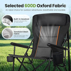 HIGH POINT SPORTS Oversized Folding Camping Chairs for Adults, High Backrest Heavy Duty Lawn Chairs Support 500 LBS Portable Collapsible Camp Chairs with Cup Holders,Side Pocket, 2 Pack, Black