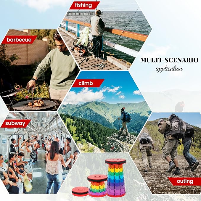 2 Pack Portable Telescoping Stools Collapsible Stool with Cushion,Retractable Foldingstool Max Load Capacity 400lbs, Portable Collapsible Stools for Camping Hiking Outdoor BBQ Rainbow-Red