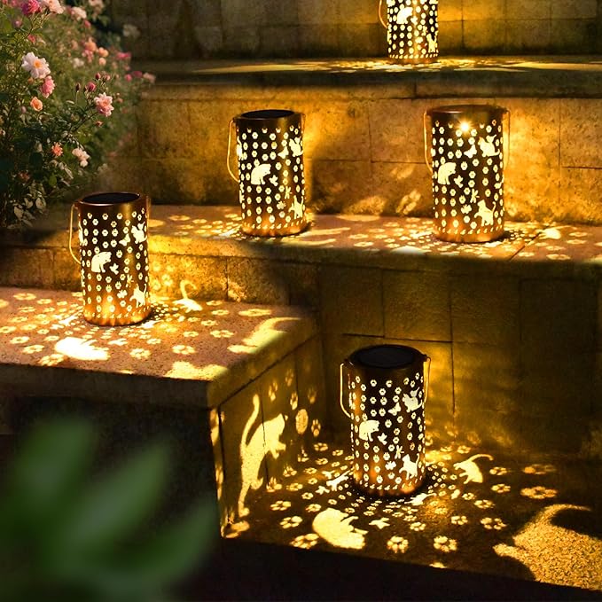 Cat Solar Lanterns Outdoor Waterproof Garden Decor Hanging Solar Lights Cute Cat Gifts for Women Mom Grandma, LED Decorative Light Fairy Garden Accessories,Outdoor Lantern for Patio,Yard,Lawn, Pathway