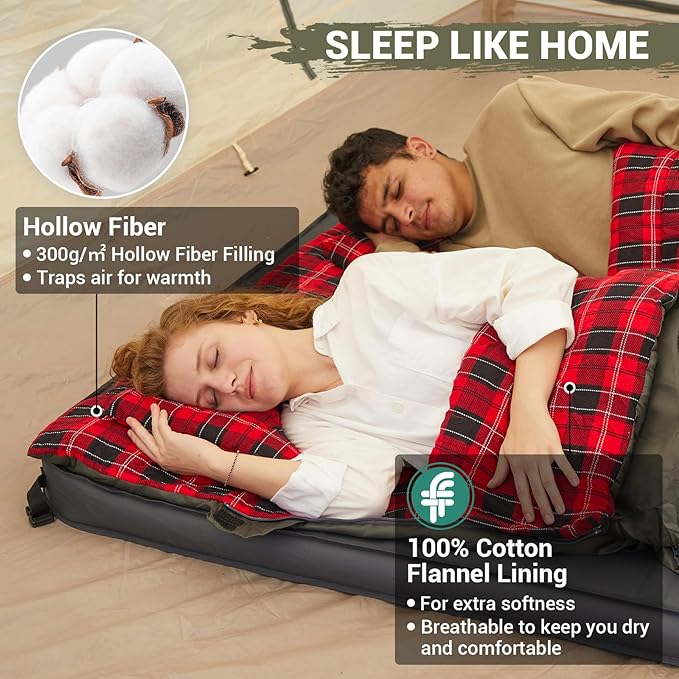 KingCamp Double Sleeping Bag for Adults, Queen Size 2 Person XXL Flannel Sleeping Bag, Waterproof Lightweight Flannel Quilt with 2 Pillows, Perfect for Couples Family Camping Hiking